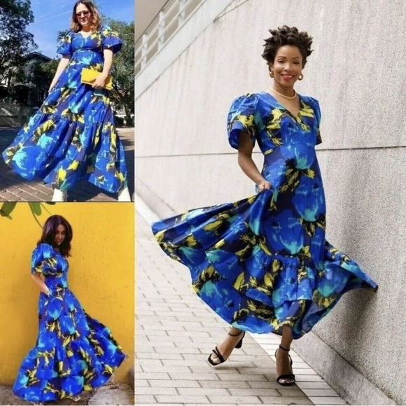 Christopher John Rogers x Target Floral Puff Sleeve Tiered Dress Blue Size 6 - Picture 2 of 7